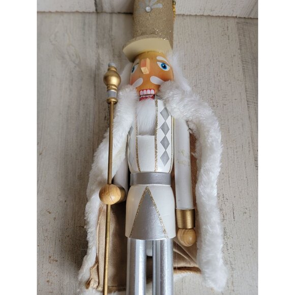 Nutcracker large wooden white staff guard Xmas home decor gold trim‎ - Picture 3 of 8